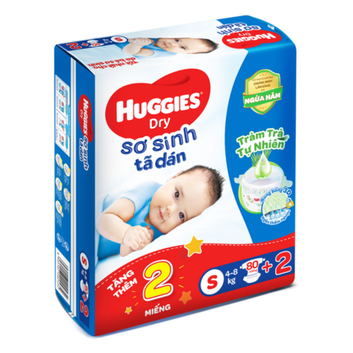 Tã dán sơ sinh Huggies Dry (S, 4-8kg, 80 miếng) + 2 miếng