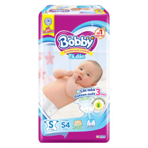 Tã dán Bobby siêu thấm - khô thoáng (S, 4-8kg, 54 miếng)