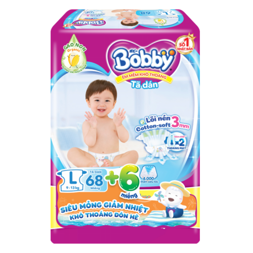 Bỉm tã dán Bobby siêu thấm size L, 68 miếng (9-13kg)