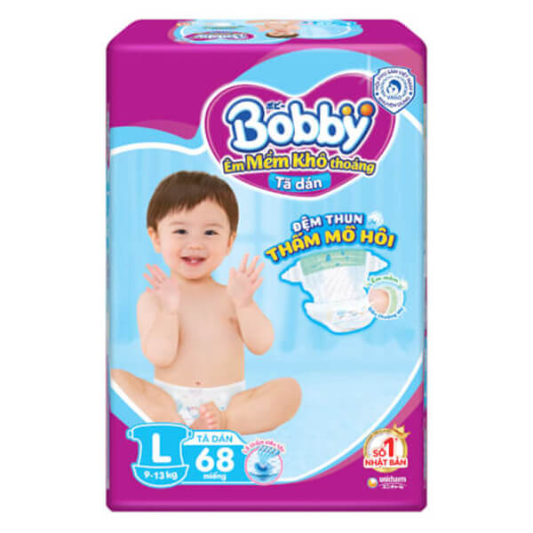 Bỉm tã dán Bobby siêu thấm size L, 68 miếng (9-13kg)