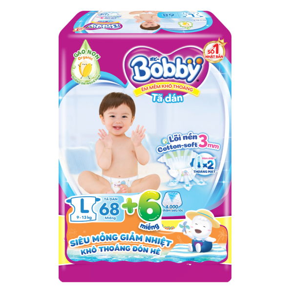 Bỉm tã dán Bobby siêu thấm size L, 68 miếng (9-13kg)