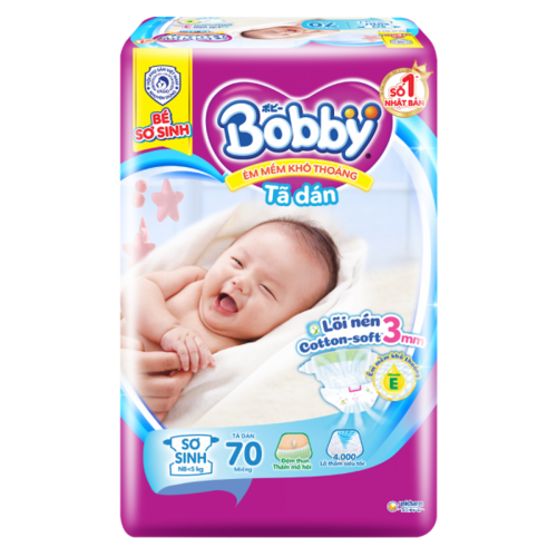 Tã dán Bobby siêu thấm - khô thoáng (Sơ sinh, dưới 5kg, 70 miếng)